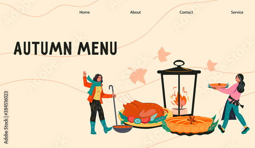 Autumn menu web banner with tiny cooks preparing seasonal dishes, flat vector illustration. Restaurant site page interface for Thanksgiving, Halloween or fall season card. © Мария Гисина