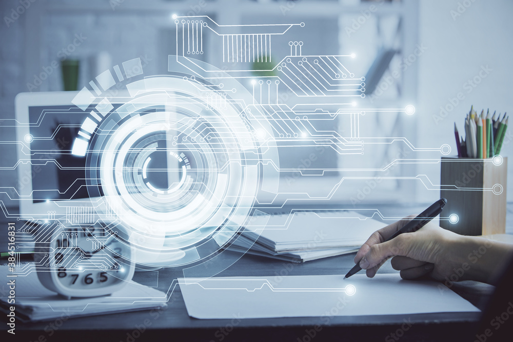 Multi exposure of woman hands on background with technology coding hologram. Data concept. Multi exposure of woman hands on background with technology coding hologram. Data concept.