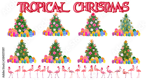 Set of christmas tree made of tropical leaves monstera, avocado, flamingos in Santa Claus hats, gifts under the Christmas tree, fireworks.