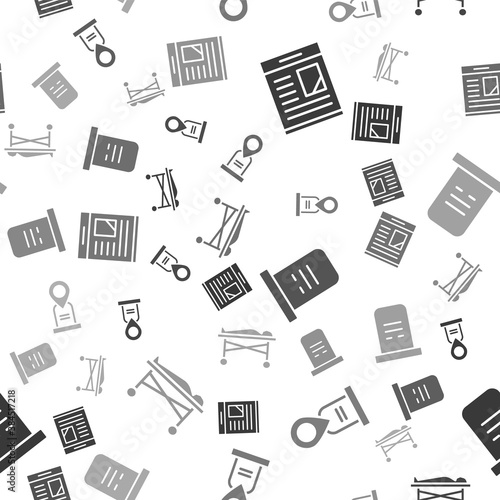 Set Obituaries, Location grave, Grave with tombstone and Dead body in the morgue on seamless pattern. Vector.