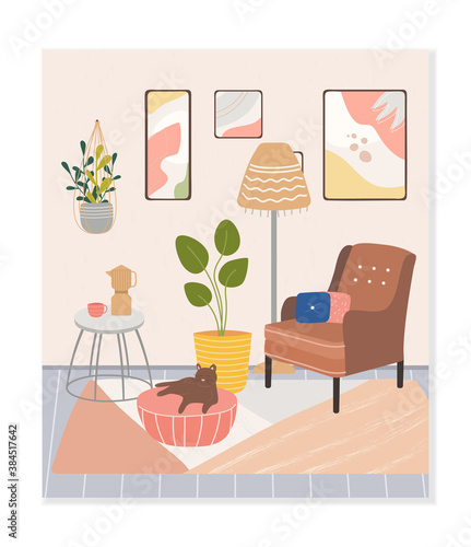 Cozy room interior. Comfortable stylish living room with Scandinavian style furniture. Trendy composition with home decorations and Apartment with paintings . Flat Vector Illustration.