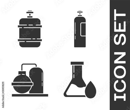 Set Oil petrol test tube, Propane gas tank, Oil and gas industrial factory building and Industrial gas cylinder tank icon. Vector.