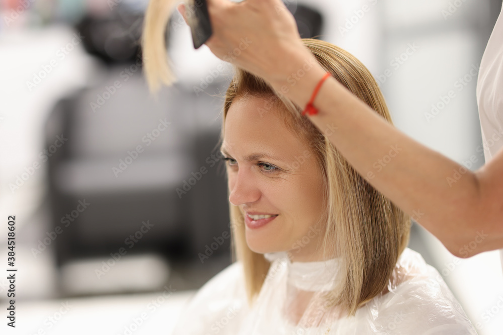 Young woman beauty salon client makes haircut at hairdresser. Conducting master classes of hairdressing art concept. Young woman beauty salon client makes haircut at hairdresser. Conducting master classes of hairdressing art concept.