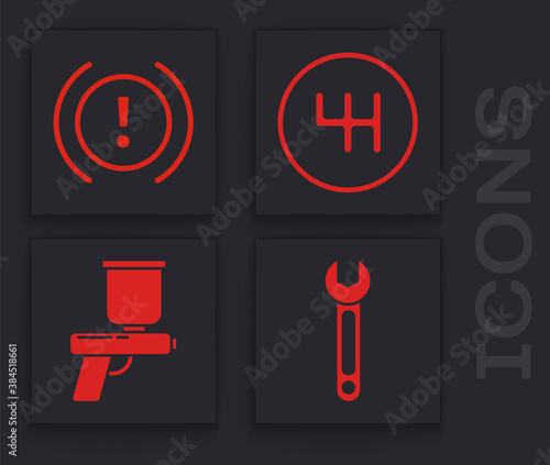 Set Wrench, Brake system warning, Gear shifter and Paint spray gun icon. Vector.