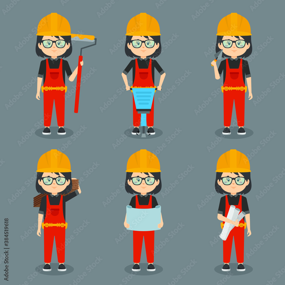 Naklejka premium Stock Vector Construction Workers with Various Activities