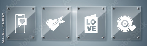 Set Romantic music, Valentines day party flyer, Amour with heart and arrow and Smartphone with heart speech bubble. Square glass panels. Vector.