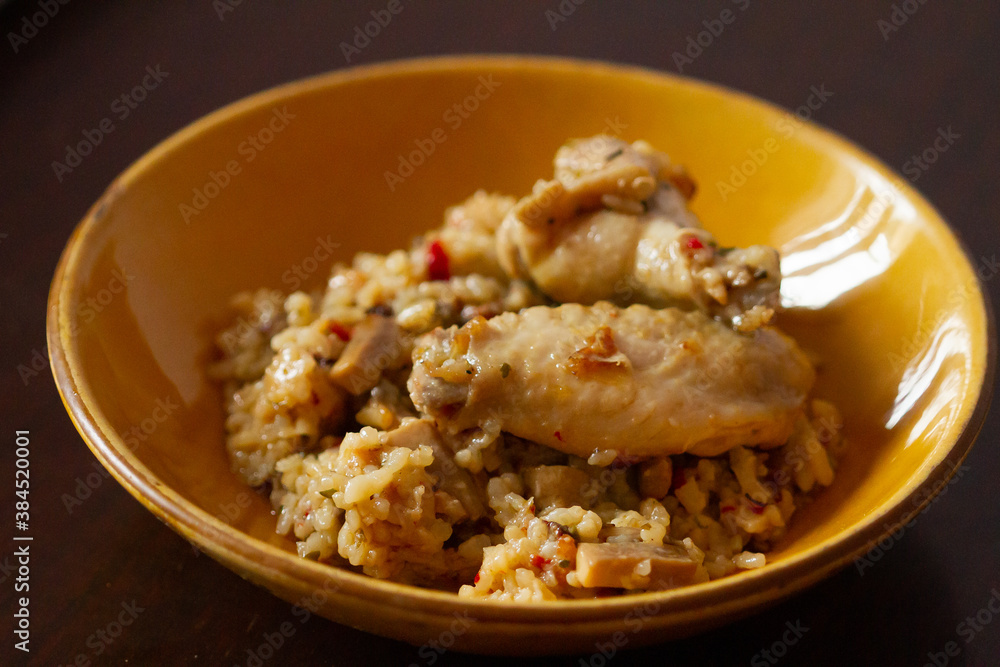 Chicken with rice and vegetables, vegan food, protein, gastronomic food. Chicken with rice and vegetables, vegan food, protein, gastronomic food.