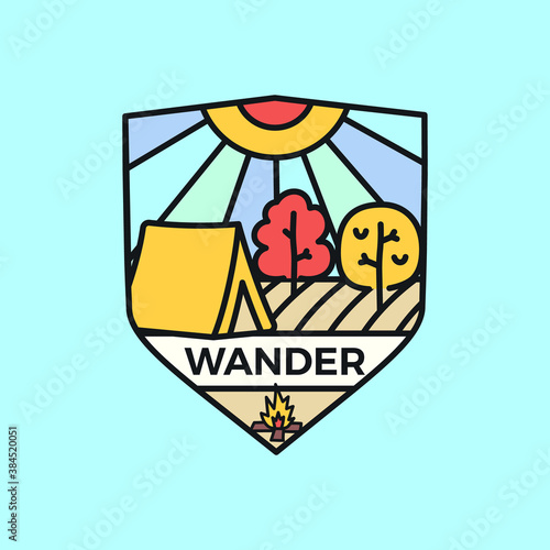 Wander logo emblem template, adventure label design with tent and trees. Unusual line art retro style sticker. Stock vector linear badge