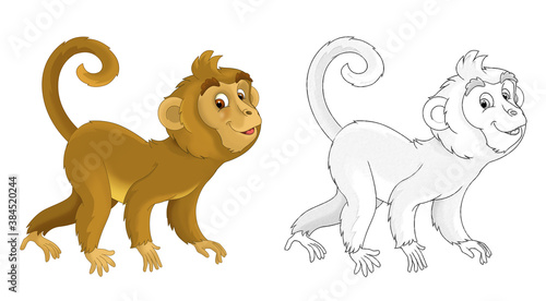 Photography cartoon sketch scene with monkey ape on white background - illustration