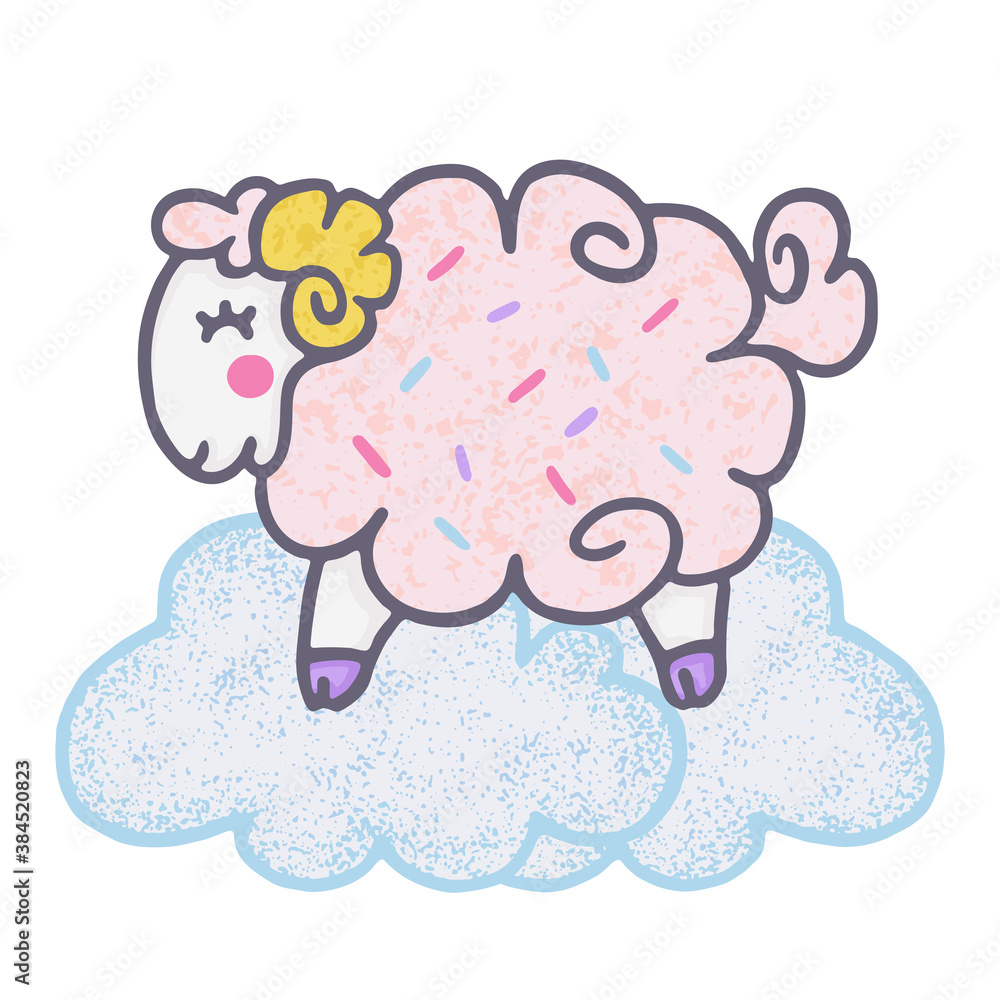 Vector illustration with cute sheep on blu clouds. Colorful doodle with cartoon fluffy ram. Vector illustration with cute sheep on blu clouds. Colorful doodle with cartoon fluffy ram.