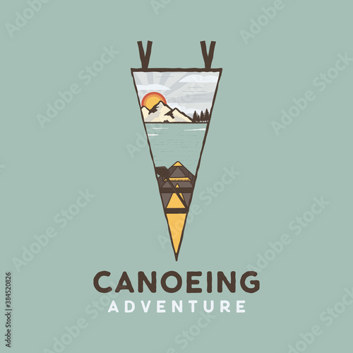 Canoe adventure logo, retro lake camping emblem design with kayak, mountains scene inside the pennant. Unusual vintage art retro style sticker. Stock vector patch