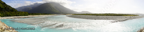 panorama of Whataroa River, New Zealand 