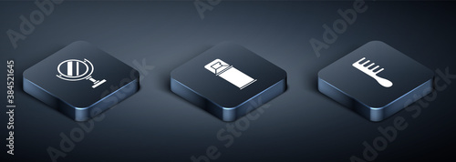 Set Isometric Round makeup mirror, Hairbrush and Shaving gel foam icon. Vector.