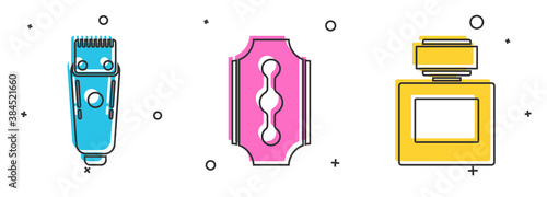Set Electrical hair clipper or shaver, Blade razor and Aftershave icon. Vector.