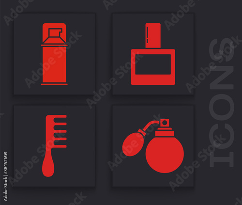 Set Aftershave bottle with atomizer, Shaving gel foam, Aftershave and Hairbrush icon. Vector.