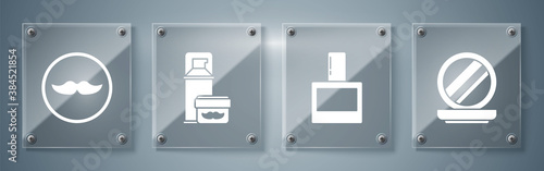 Set Makeup powder with mirror, Aftershave, Shaving gel foam and Mustache. Square glass panels. Vector.