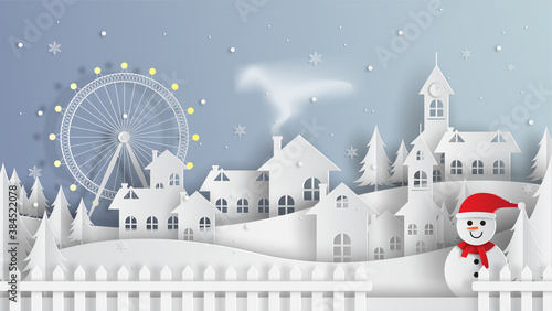 Merry Christmas and Happy New Year. Illustration of Santa Claus on the sky coming to City ,paper art and digital craft style