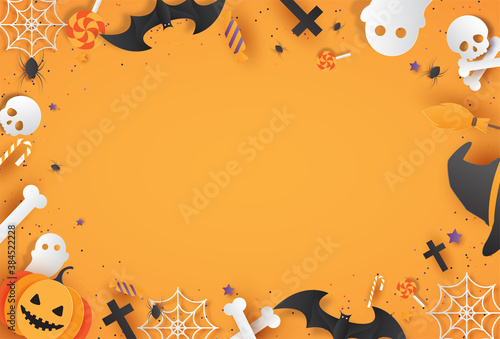 Happy Halloween tricks or treats with pumpkins, spiders, bats, candy and skulls. Spooky website, Halloween background or banner template. Vector illustration of EPS10
