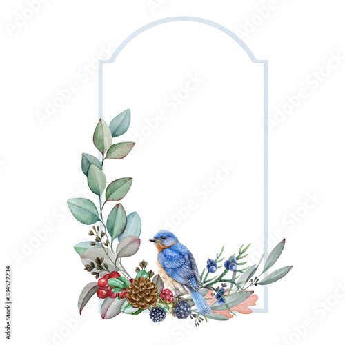 Winter decorative frame with bluebird watercolor illustration. Hand drawn festive vintage decoration with natural forest elements: eucalyptus leaves, blackberry, juniper, pine cone and wild song bird