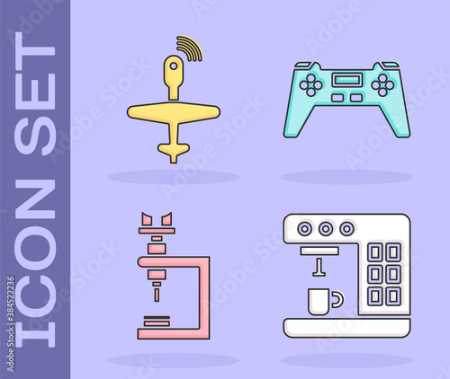 Set Coffee machine, UAV Drone, Microscope and Gamepad icon. Vector.