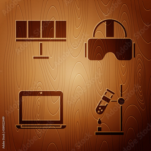 Set Test tube flask on fire, Solar energy panel, Laptop and Virtual reality glasses on wooden background. Vector.