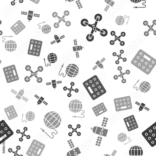 Set Drone flying, Satellite, Pills in blister pack and Social network on seamless pattern. Vector.