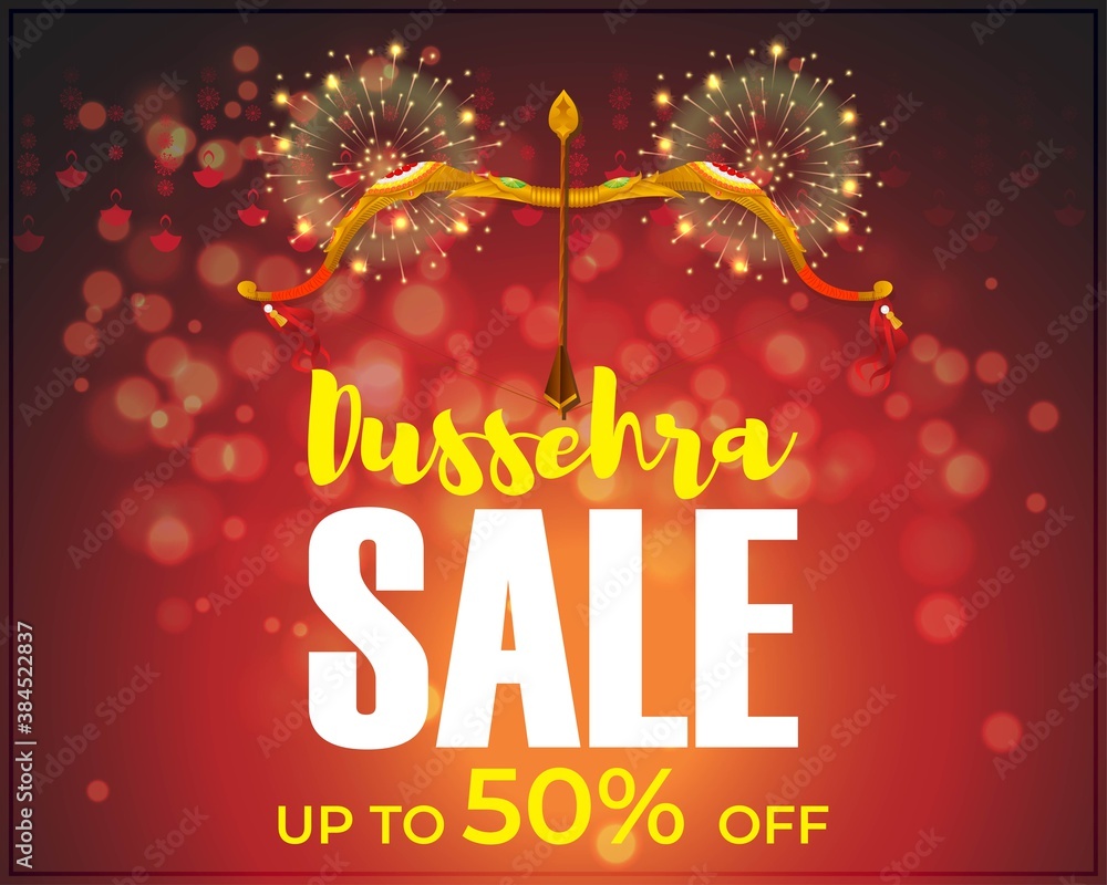 Vector illustration of Dussehra Sale banner, upto 50% off, Indian festival  offer, bow and arrow, fireworks on beautiful bokeh background, sale offer  template for websites. Stock Vector | Adobe Stock