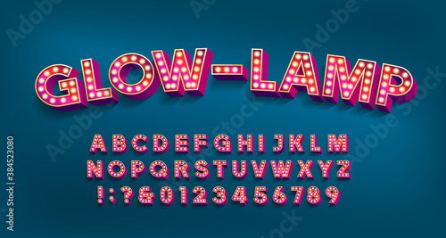 Glow-Lamp alphabet font. 3D letters and numbers with light bulbs and shadows. Vector typescript for your design.