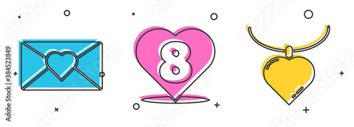 Set Envelope with 8 March, Heart with 8 March and Necklace with heart shaped pendant icon. Vector.