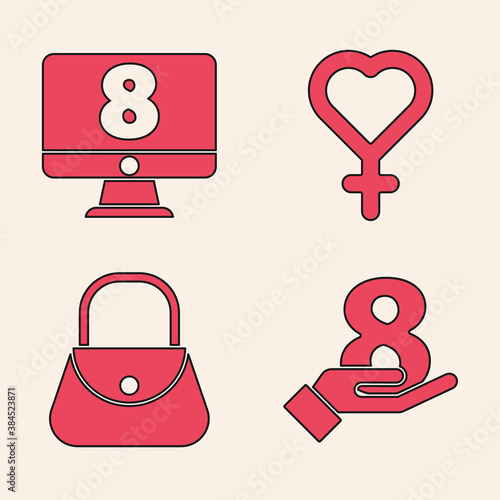 Set 8 March on hand, 8 March on monitore, Female gender symbol and Handbag icon. Vector.