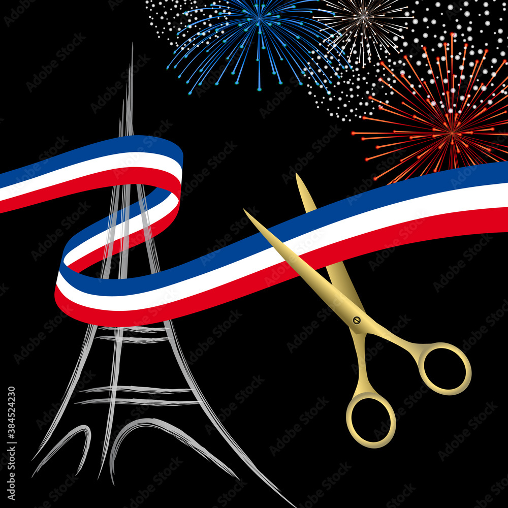 Inauguration festive à Paris en France avec la coupe d'un ruban bleu,  blanc, rouge aux ciseaux. Stock Vector | Adobe Stock