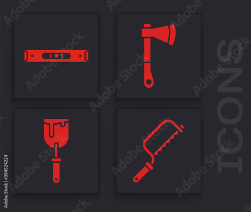 Set Hacksaw, Construction bubble level, Wooden axe and Putty knife icon. Vector.