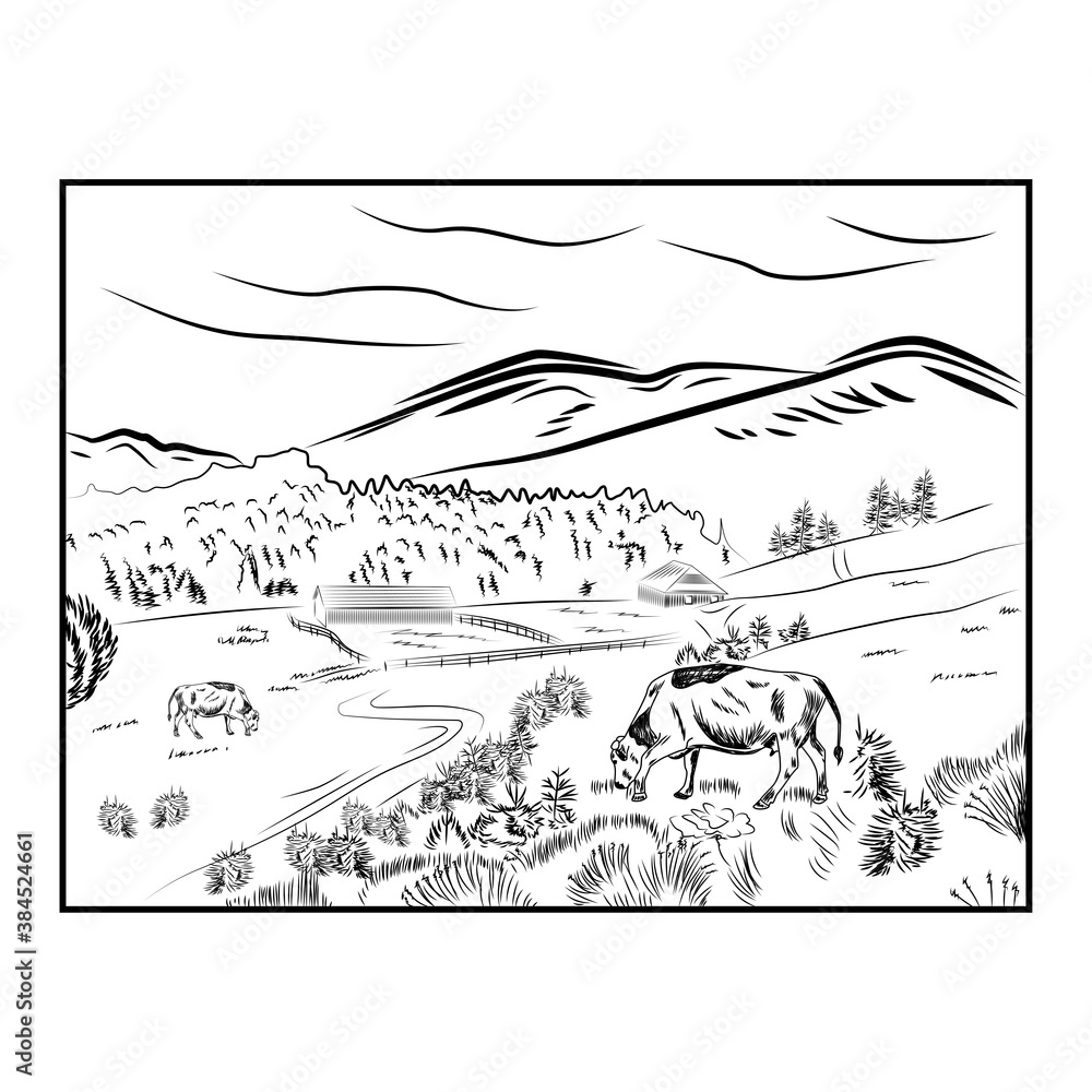 Black sketch cow farm landscape poster with cow grazing in a meadow next to mountains