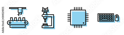 Set line Processor with microcircuits CPU, Factory conveyor system belt, Microscope and Keyboard and mouse icon. Vector.