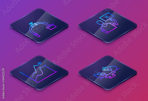 Set Isometric line Industry pipe and valve, Oil price increase, Nature saving protest and Wrecked oil tanker ship. Blue square button. Vector.