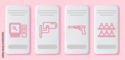 Set line Search on computer screen, Security camera, Pistol or gun with silencer and Jurors. White rectangle button. Vector.