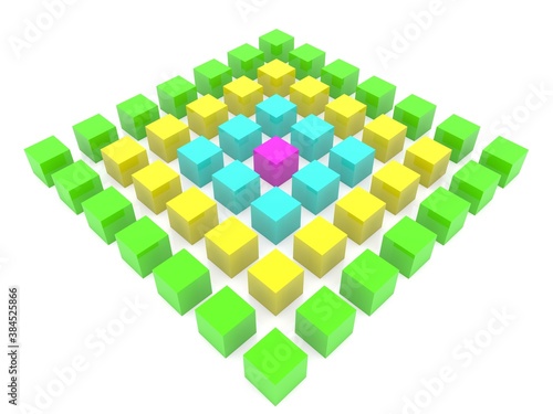 Colored cubes arranged in a rectangle on a white background
