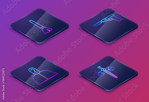 Set Isometric line Paint brush, Anonymous with question mark, Pistol or gun with silencer and Scales of justice. Blue square button. Vector.