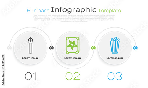 Set line Magic staff, Ancient magic book and Popcorn in box. Business infographic template. Vector.
