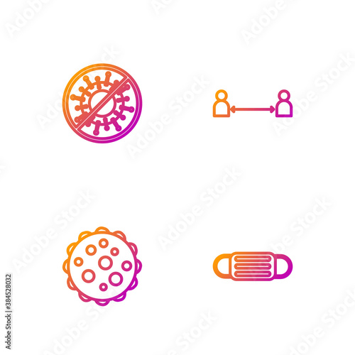Set line Medical protective mask, Virus, Stop virus and Safe distance. Gradient color icons. Vector.