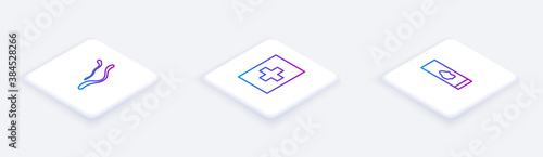 Set Isometric line Ebola virus disease, First aid kit and Blood test and. White square button. Vector.