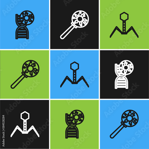 Set line DNA symbol and virus, Bacteria bacteriophage and Virus under magnifying glass icon. Vector.