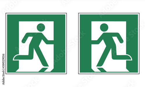 Emergency exit (right and left hand) sign. Vector illustration of green square sign with man and exit door icon inside. Running man symbol isolated on background. Evacuation label.