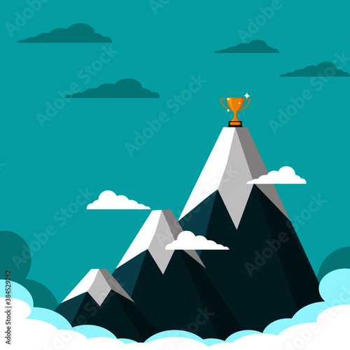 The trophy is on the highest mountain. Concept of the reward of high life