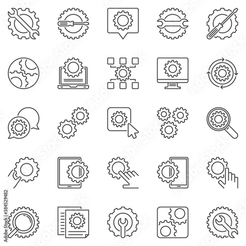 Settings outline icons set. Vector Cog Wheel and Gear line signs. Maintenance or Setup concept symbols