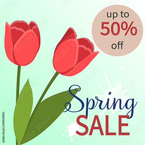 Spring discounts. Tulips on a delicate background. March April May. Warm season