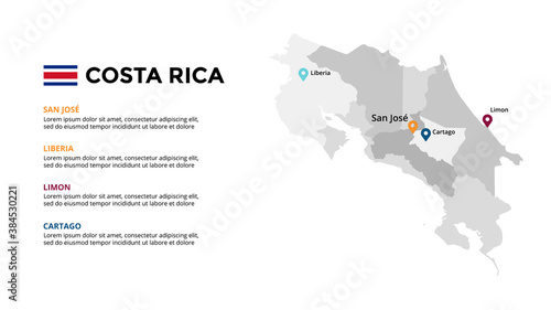 Costa Rica vector map infographic template. Slide presentation. Global business marketing concept. North America country. World transportation geography data. 