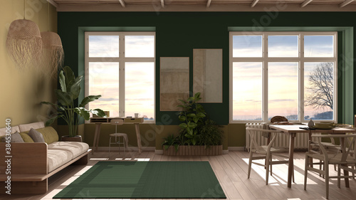 Country living room  eco interior design in green tones  sustainable parquet  dining table with chairs  wooden shelves and bamboo ceiling. Natural recyclable architecture concept