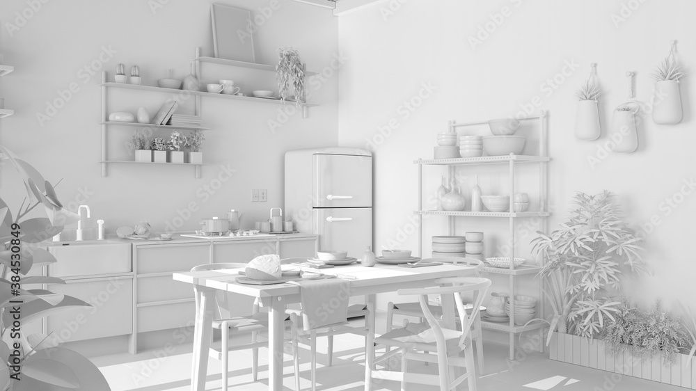 Total white project of country kitchen, eco interior design, sustainable parquet floor, dining table, chairs, wooden shelves, potted plants. Natural recyclable architecture concept