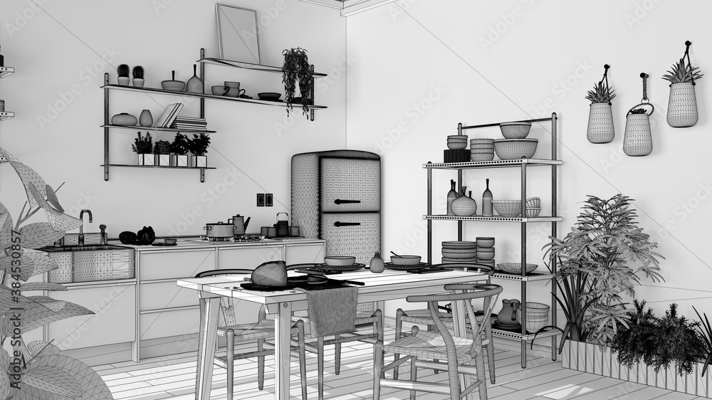 Unfinished project, country kitchen, eco interior design, sustainable parquet floor, dining table, chairs, wooden shelves, potted plants. Natural recyclable architecture concept